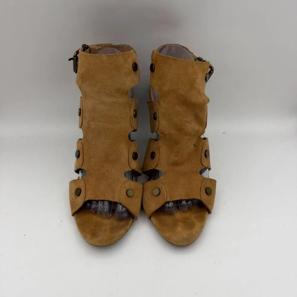 Audrey Brooke Women's Size 10 Tan Suede Cutout Cone Heel Sandals Ankle Strap Lea